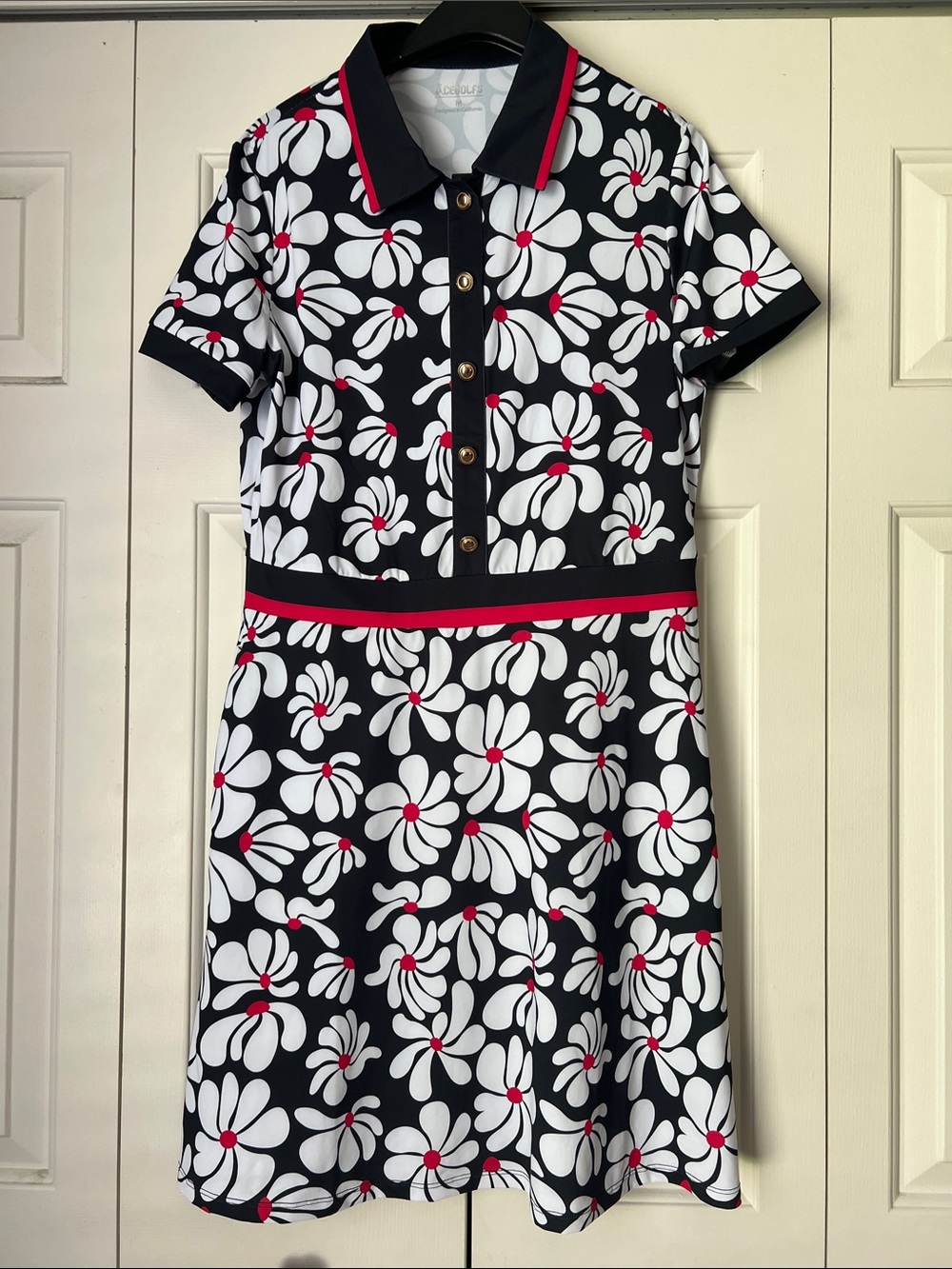 Black Floral Polo Dress with Red Accents